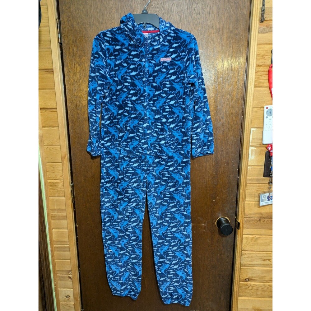 Vineyard Vines Youth L 16 One Piece Pajamas Fleece Hooded Jumpsuit Blue Marlin